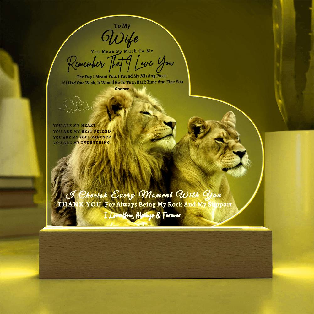 Acrylic Heart LED Plaque - Remember That I Love You -Loving Lion Couple - To My Wife