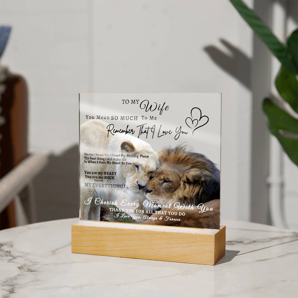 Acrylic Square LED Plaque - Remember That I love - Affectionate Lion Couple- To My Wife