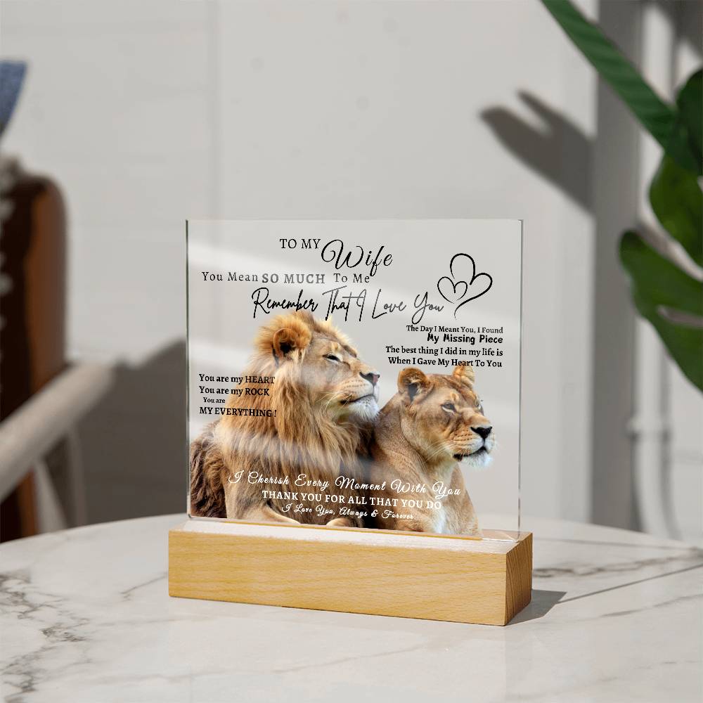 Acrylic Square LED Plaque - Remember That I love - Loving Lion Couple- To My Wife