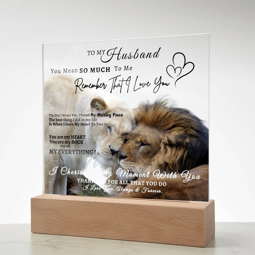 Acrylic Square LED Plaque - Remember That I love - Affectionate Lion Couple- To My Husband