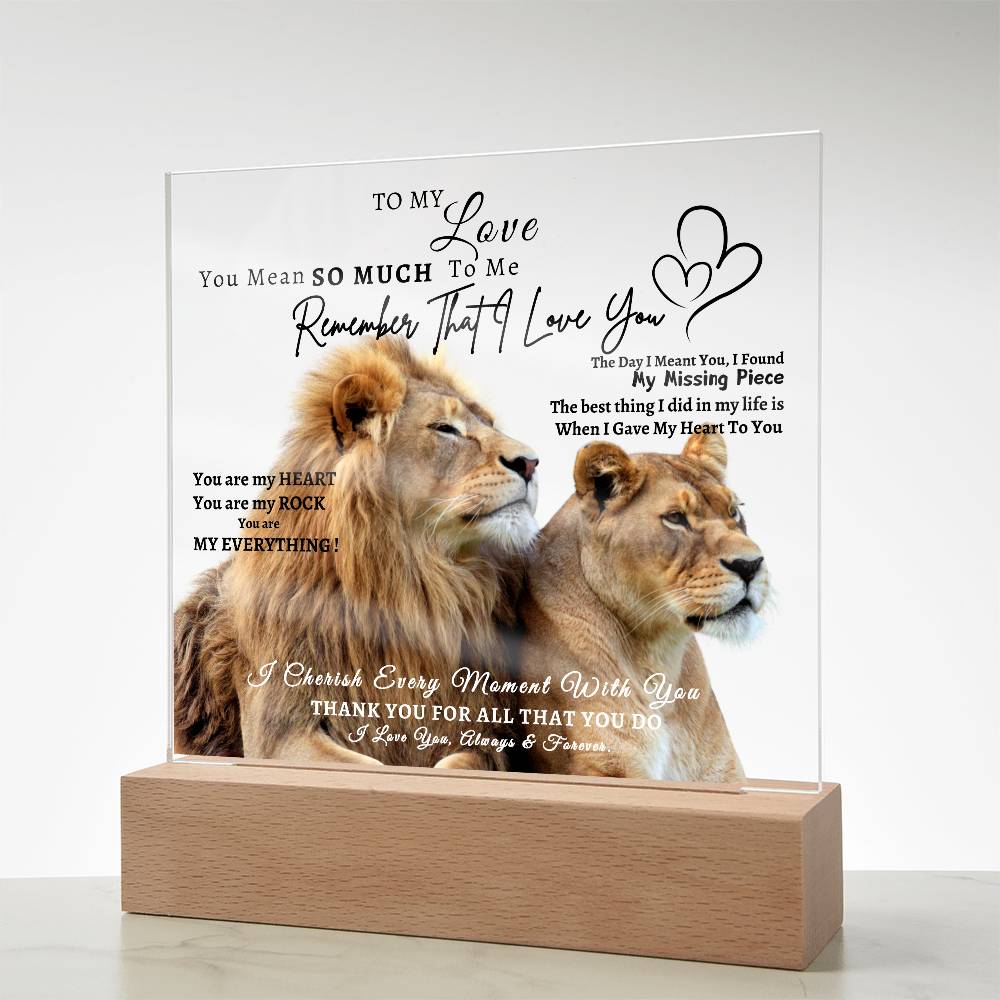 Acrylic Square LED Plaque - Remember That I love - Loving Lion Couple- To My Love