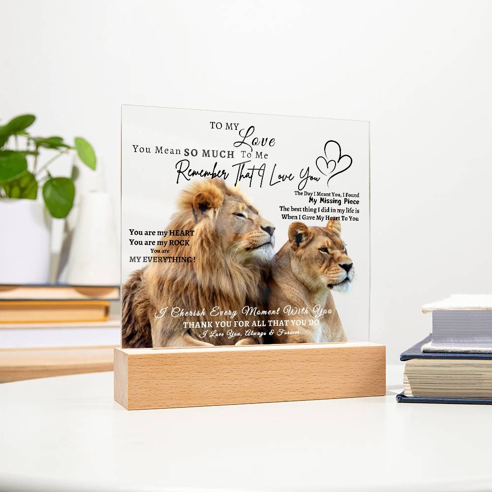 Acrylic Square LED Plaque - Remember That I love - Loving Lion Couple- To My Love