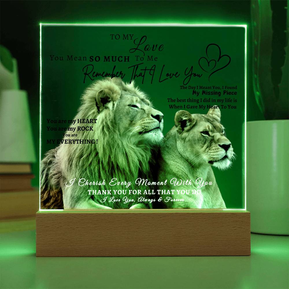 Acrylic Square LED Plaque - Remember That I love - Loving Lion Couple- To My Love