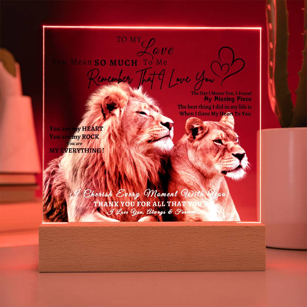 Acrylic Square LED Plaque - Remember That I love - Loving Lion Couple- To My Love