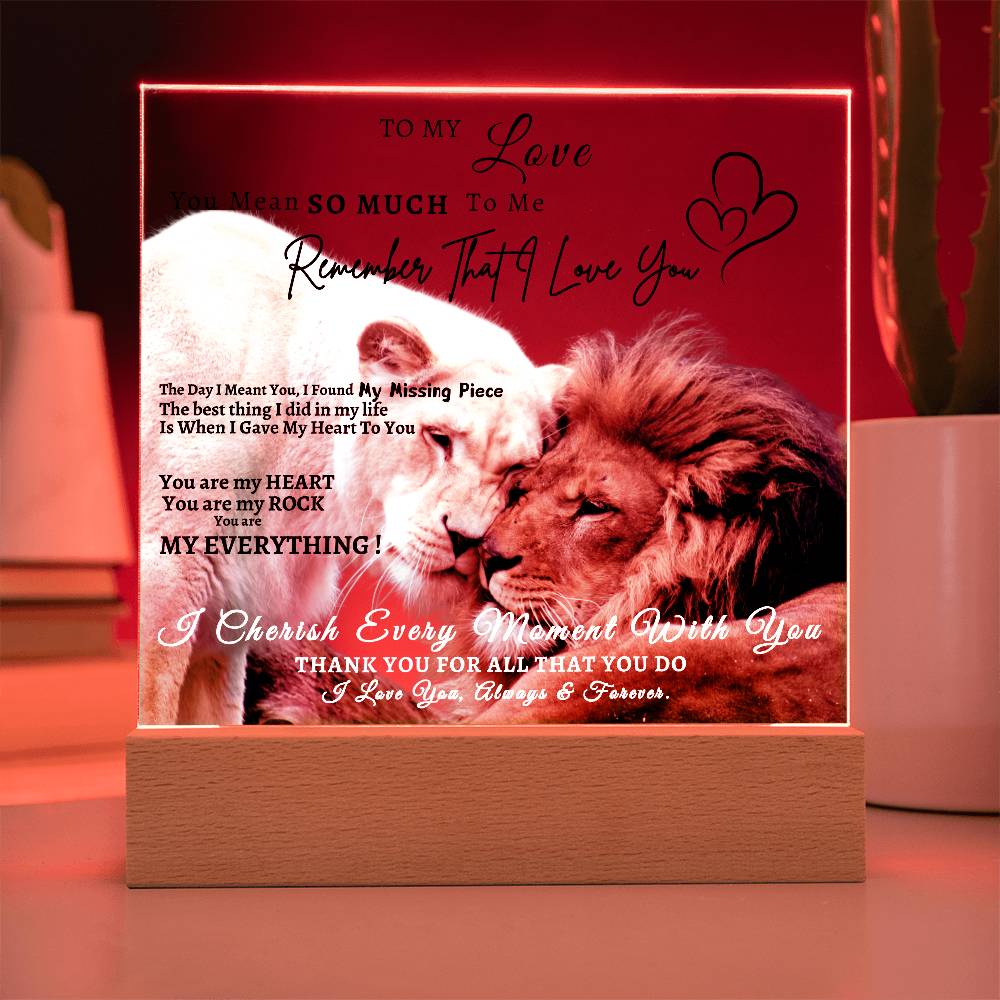 Acrylic Square LED Plaque - Remember That I love - Affectionate Lion Couple- To My Love