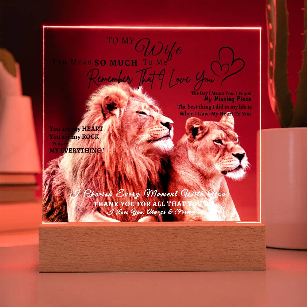 Acrylic Square LED Plaque - Remember That I love - Loving Lion Couple- To My Wife